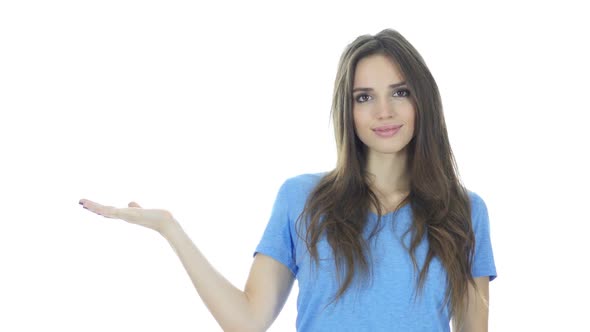 Woman Presenting Product on Screen, Gesture alt