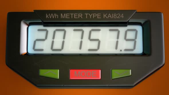 Digital electricity meter showing household consumption in kilowatt hours. alt
