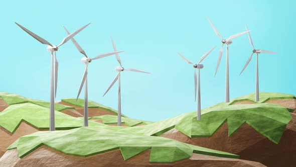 Wind turbines on island low poly green energy