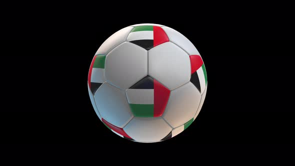 Soccer ball with flag United Arab Emirates, on black background loop alpha
