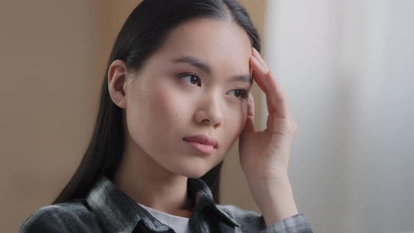 Portrait Indoors Asian Girl Millennial Woman Difficult Thoughts Thinking Solves Problem Rubs alt