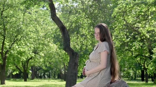 Young pregnant girl in the park caress the belly