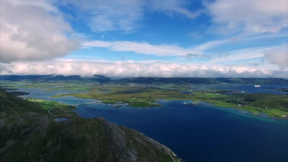 Aerial footage of Leknes on Lofoten islands in Norway