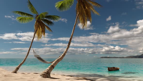 Summer, sea, beach in the tropics with palm trees and a hammock and a boat.