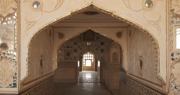 Interior of Famous Landmark Sheesh Mahal Mirror Palace. Inside Amer Fort, Amer, Rajasthan, India alt