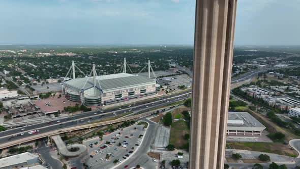 San Antonio Texas. Rising aerial of Convention Center and Tower of the Americas. alt