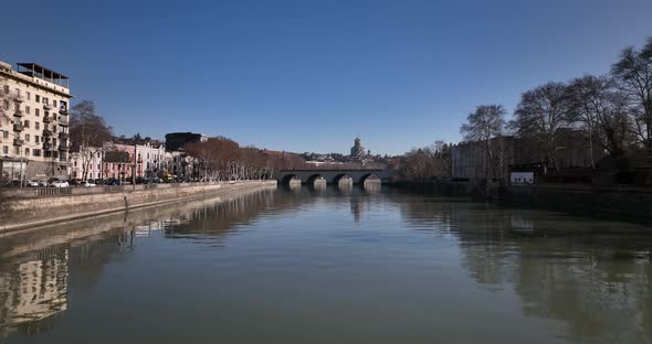 Aerial view of Saarbrucken Bridge on Kura river in Tbilisi, Georgia alt