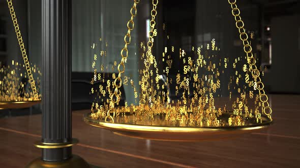 3D render of paragraphs ascending from scales on conference table alt