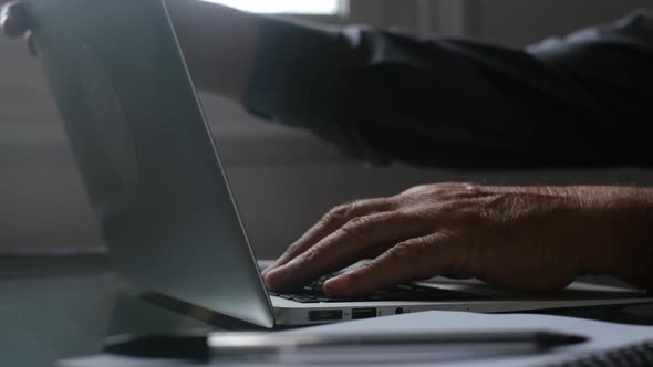 Hands of senior man typing on laptop alt