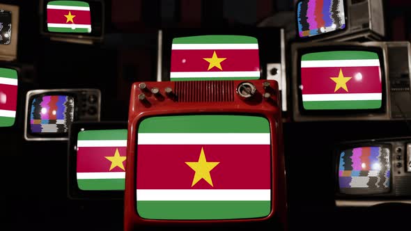 Flag of Suriname on Retro TVs. 4K.