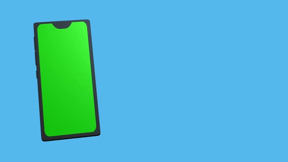 3d smartphone with a green screen for insertion, on a blue blank background.