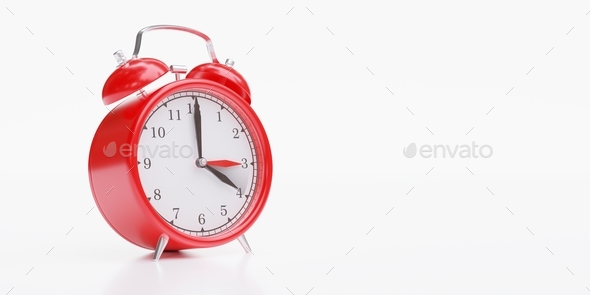 Fall Back Time. Daylight Saving End. Red alarm clock isolated on white