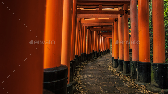 Kyoto, Japan-14 April, 2019: Japanese red Tori gates at Fushimi Inari shrine