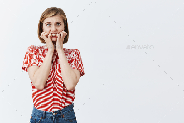 What if someone will knew my dirty secrets. Portrait of stunned anxious european woman with blond sh