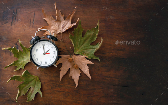 Fall Back, Daylight Saving Time. Yellow clock and autumn leaves on wood