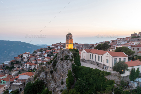 Arachova Greece mountain town aerial drone view. Traditional houses in the evening - Stock Photo - Images
