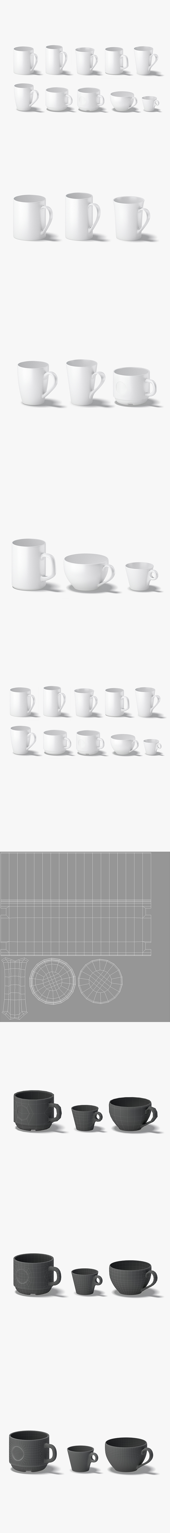 10 Mugs Shapes - white ceramic cups with different forms and sizes