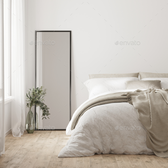 home interior, scandinavian style bedroom mock up, bed close up, 3d rendering - Stock Photo - Images