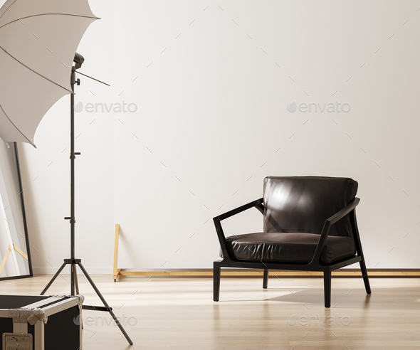 Photo studio with lightning equipment and white backgrond, 3d rendering - Stock Photo - Images