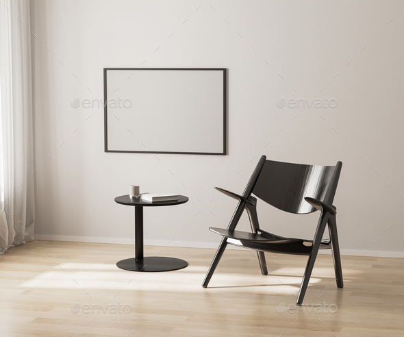 horizontal poster frame mockup on white wall, black chair and coffee table, 3d render - Stock Photo - Images