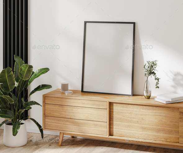 poster frame mockup on wooden chest of drawers with decor, white wall, 3d rendering - Stock Photo - Images