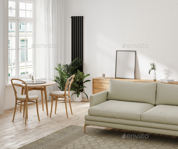 Modern living room interior with beige sofa, dining table, chest of drawers with poster frame, 3d - Stock Photo - Images