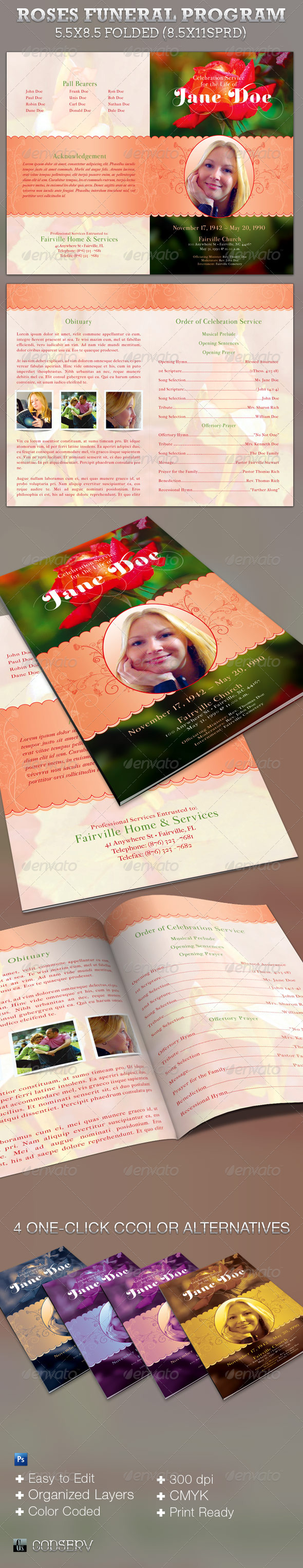 Roses Funeral Program Template - Informational Brochures
