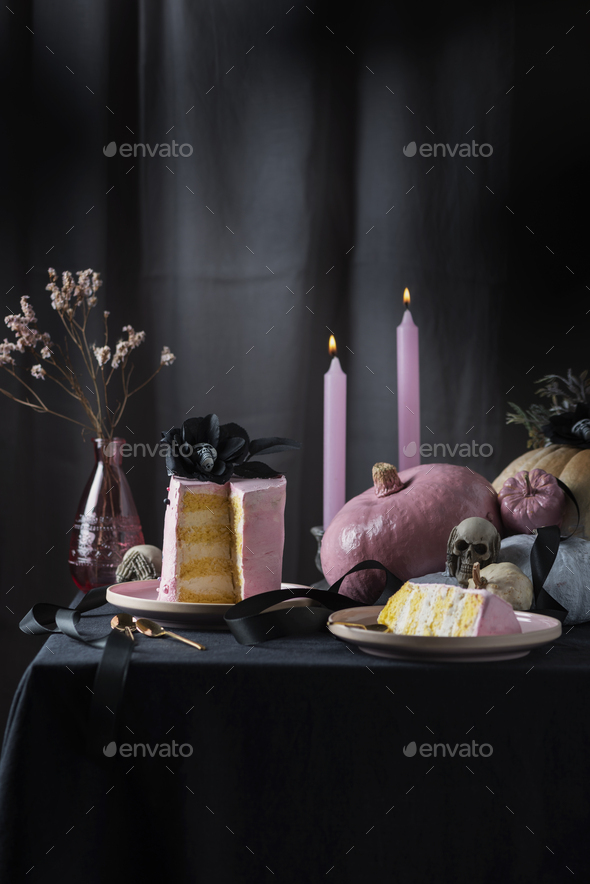 Halloween party decoration with pink cake - Stock Photo - Images