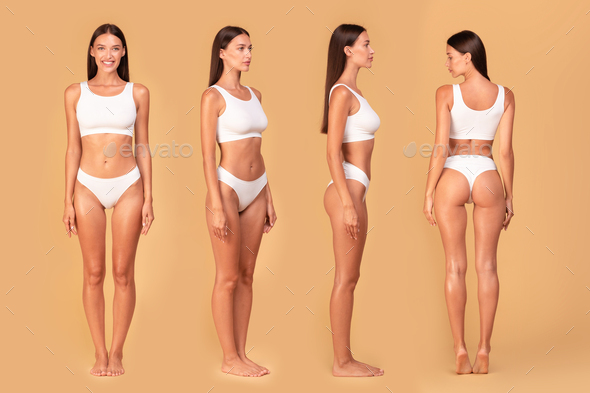 Front, side and back view of slim lady in underwear posing and  demonstrating perfect body shape Stock Photo by Prostock-studio