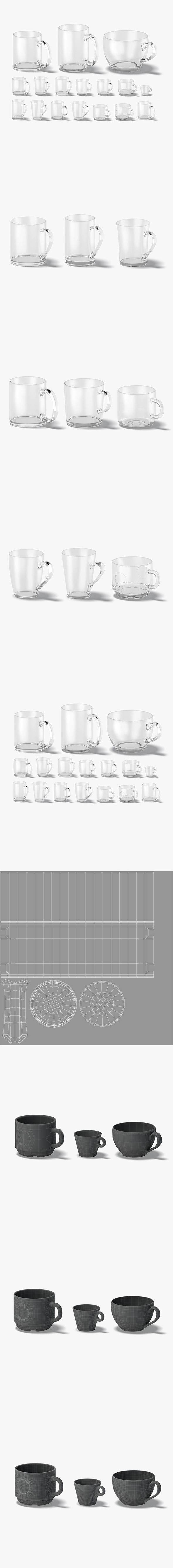 18 Glass Mug Shapes - transparent cups with different forms and sizes