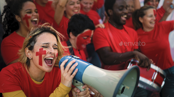 Football fans exulting during soccer game of their favorite team - Sport entertainment concept - Stock Photo - Images