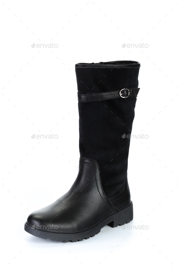 Woman high knee leather boots isolated on white background