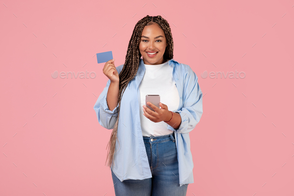 Black Lady Shopping Holding Credit Card And Smartphone, Pink Background