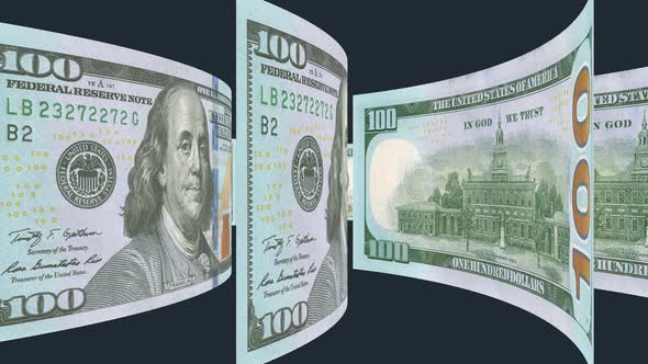 Animation of a hundred dollar paper bill. alt