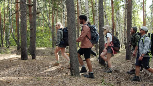 Men and Women Tourists with Shiba Inu Dog Hiking Enjoying Walk in Forest Together alt