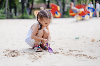 Little Girl Playing Sandbox Playground Digging Sand Shovel Building Sand Figure Summer Day