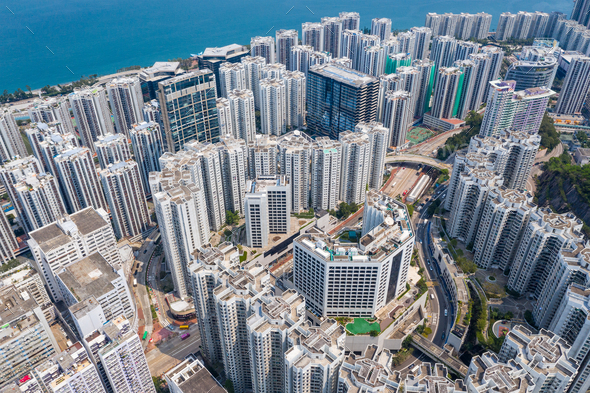 Tai Koo, Hong Kong 19 March 2019: Aerial view of Hong Kong city - Stock Photo - Images