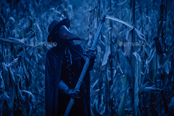 Plague doctor gothic woman with sharp scythe at night in thickets of corn field.