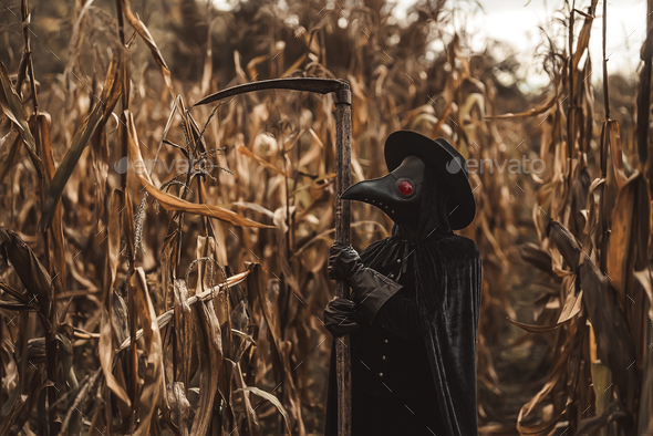 Plague doctor gothic woman with sharp scythe standing in autumn thickets of corn.