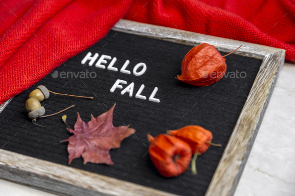 Felt board with message Hello fall surrounded by warm sweater and maple leaf, acorns, physalis