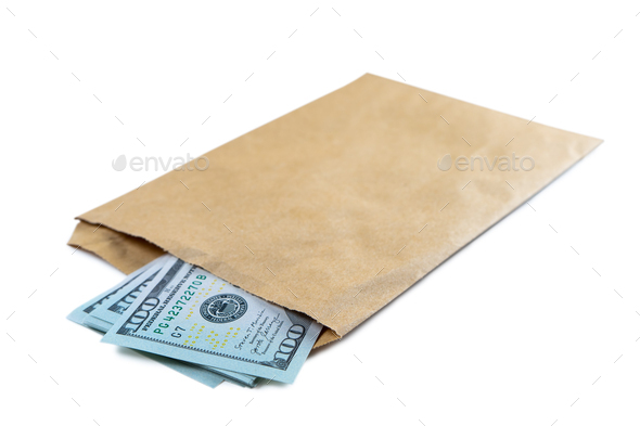 Pile of New Design US Dollar Bills in Brown Envelope Isolated on White Background - Stock Photo - Images