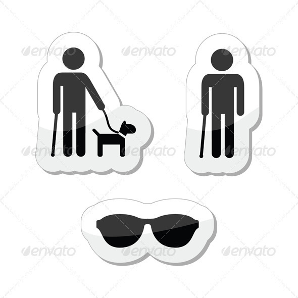 Blind Man Icons Set - with Guide Dog, Walking Stick - Health/Medicine Conceptual