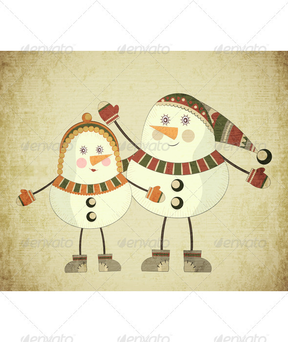 Two Snowmen on Grunge Background - Christmas Seasons/Holidays