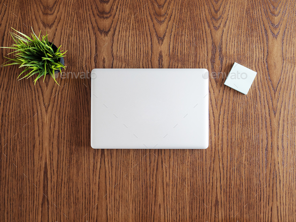 Tip view of businessman desk with a laptop and a pot of grass
