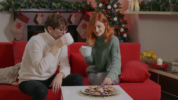 Spend beautiful time together drink tea with cookies. Happy young Family Concept. Xmas Eve.