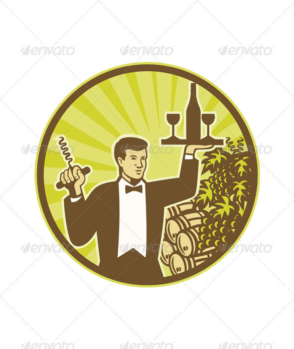 Waiter Serving Wine Grapes Barrel Retro - People Characters