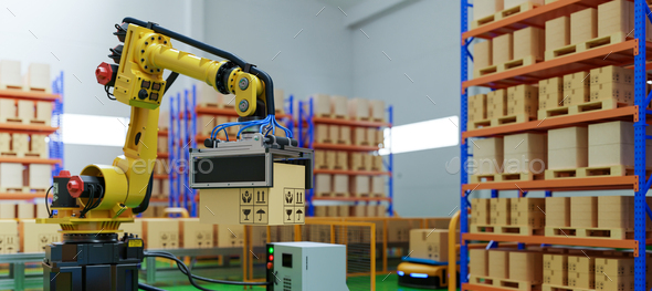 Factory Automation with robot arm picks up the box to AGV in transportation