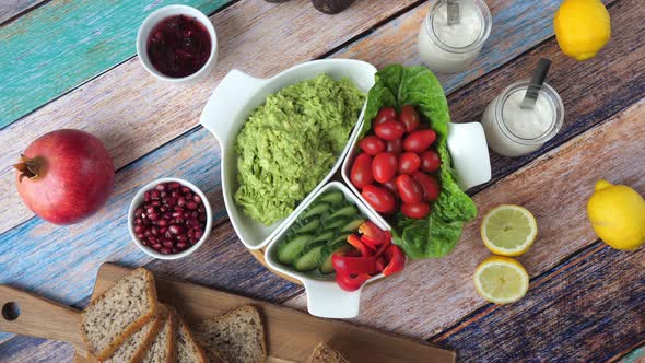 Healthy Vegan Breakfast Smashed Avocado Toasts Vegetables Soy Yogurt alt