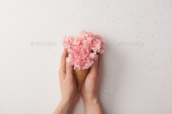 partial view of woman holding waffle cone with beautiful pink flowers isolated on grey