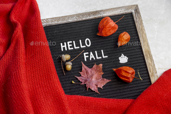 Felt board with message Hello fall surrounded by warm sweater and maple leaf, acorns and physalis